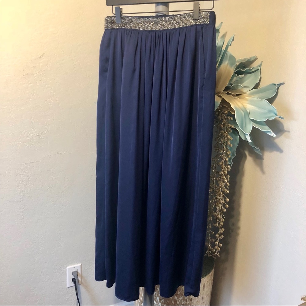 Zara Navy Midi Skirt with Silver Waistband